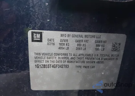 2016 Chevrolet Malibu Ls z USA, uszkodzony, nr VIN 1G1ZB5ST4GF342783